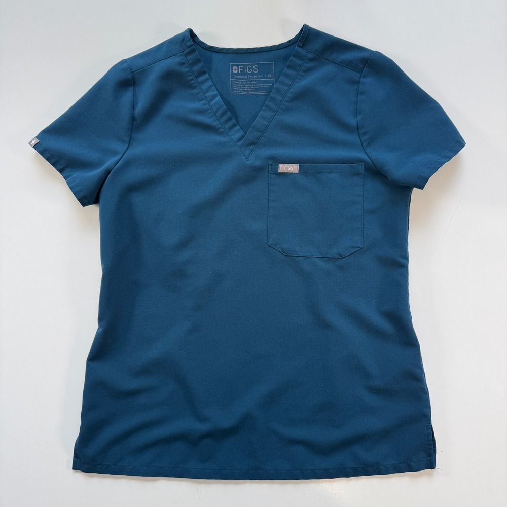 FIGS Catarina V-Neck 1-Pocket Scrub Top Short Sleeve‎ Womens XS Blue Technical